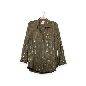Women’s Anthropologie Maeve sequined, olive green button-down, size medium
